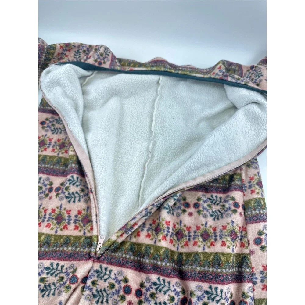 Natural Life One Piece Fleece Pajamas Zip Pink‎ Green Floral Long Womens Medium